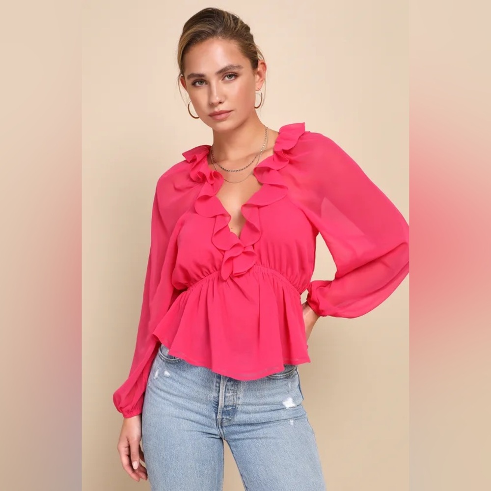 Distinctive Darling Hot Pink Chiffon Ruffled Balloon Sleeve Top